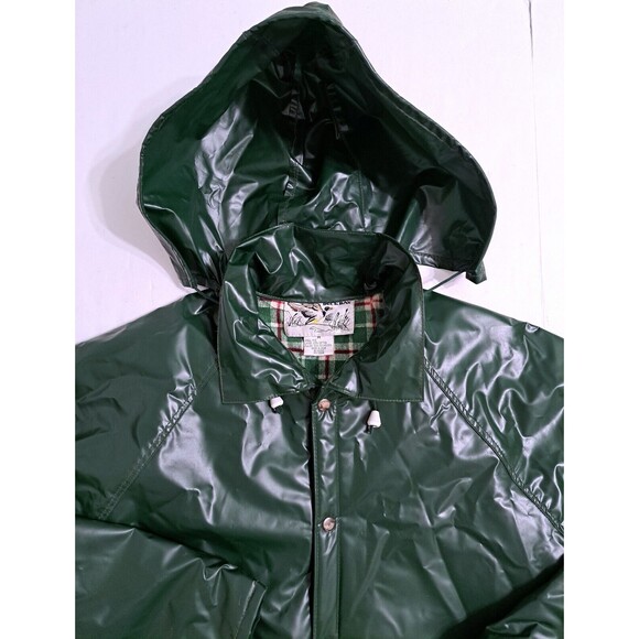 Duck Bay Raincoat PVC Rain Jacket Mens Medium Hooded Insulated Plaid Lined Green - Picture 2 of 12
